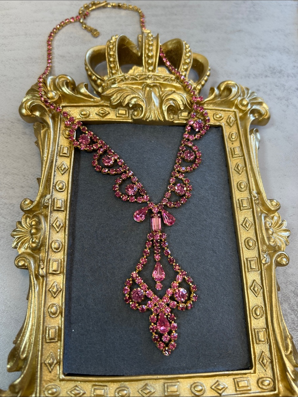Vintage Pink Crystal Rhinestone Drop Pendant Necklace